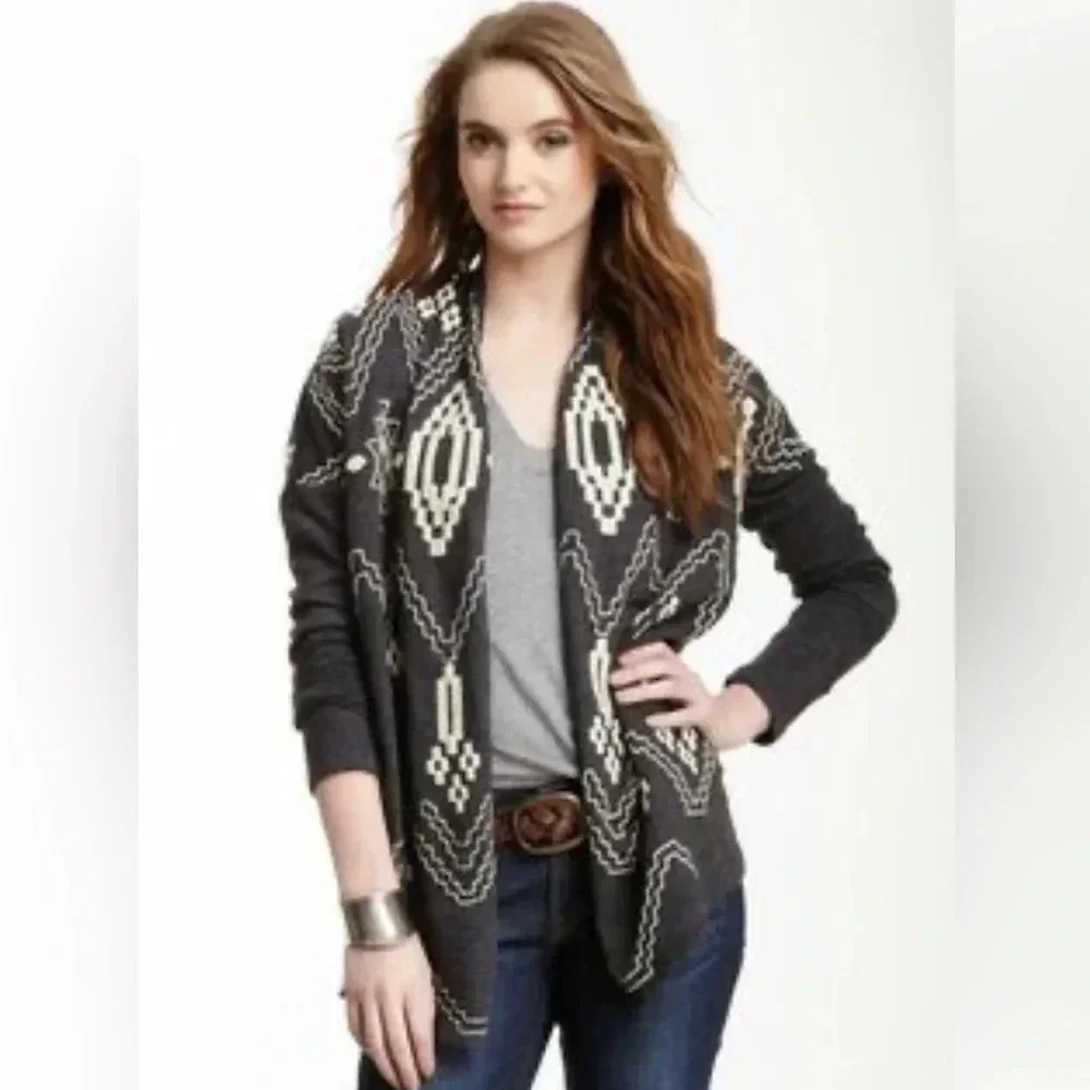 Lucky Lotus knitwear ethnic aztec pattern embroidered open front  cardigan